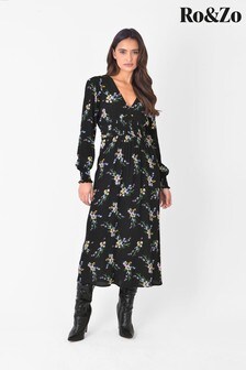 Ro&Zo Black Floral Shirred Waist Midi Dress