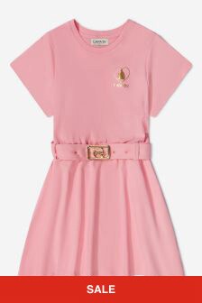 Lanvin Girls Cotton Dress With Belt in Pink