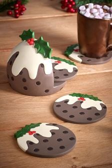 Set of 4 Christmas Pudding Festive Coasters In Holder