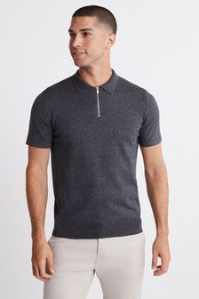 Charcoal Grey Marl Knitted Zip Polo Shirt (M94607) | £24