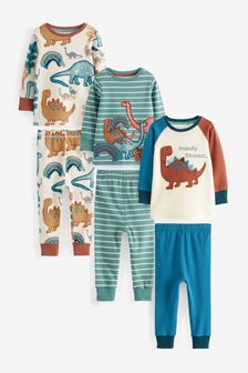 Teal Blue/White Dino 3 Pack Snuggle Pyjamas (9mths-12yrs) (M95632) | £29 - £35