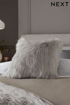 Grey Long Faux Fur Square Cushion (M95822) | £18