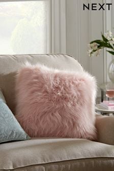 Blush Pink Long Faux Fur Square Cushion (M95823) | £18