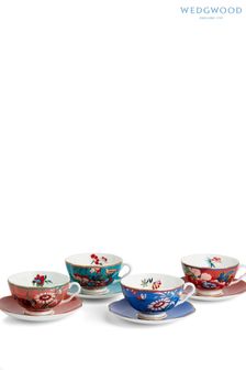 Wedgwood Set of 4 Blue Paeonia Blush Teacups And Saucers Set