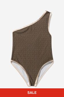 Michael Kors Girls All Over Logo One Strap Swimsuit in Brown