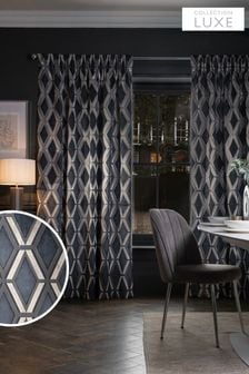 Dark Blue Geometric Cut Velvet Collection Luxe Pencil Pleat Lined Curtains