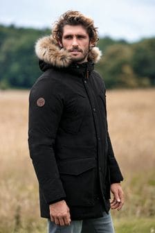 Black With Detachable Faux Fur Hood Long Shower Resistant Hooded Parka Jacket (M96261) | £99