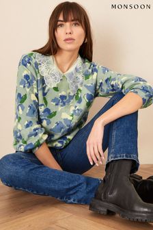 Monsoon Blue Lace Collar Printed Jumper