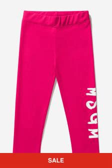 MSGM Girls Cotton Jersey Logo Print Leggings in Fuchsia