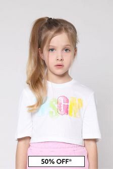 MSGM Girls Cotton Jersey Cropped T-Shirt in White