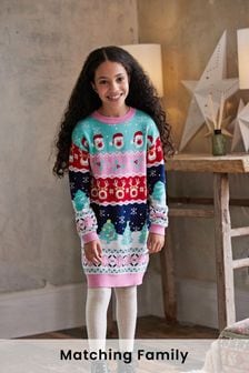 Aqua Blue/Pink Matching Family Kids Knitted Christmas Jumper Dress (3-16yrs) (M97760) | £21 - £26
