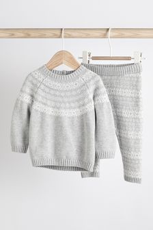 Grey Fairisle 2 Piece Baby Knitted Jumper And Leggings Set (0mths-2yrs) (M97780) | £20 - £22