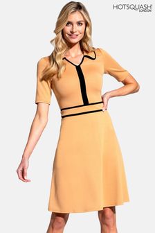 HotSquash Brown Contrast Piping Dress with Flared Skirt