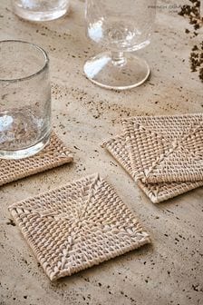French Connection White Rattan Hand Woven Set of 4 Coasters