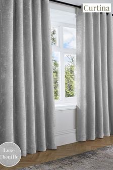 Curtina Grey Textured Chenille Luxe Eyelet Curtains