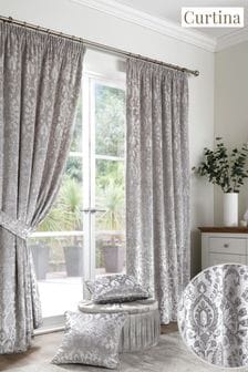 Curtina Silver Trinity Velvet Jacquard Pencil Pleat Curtains