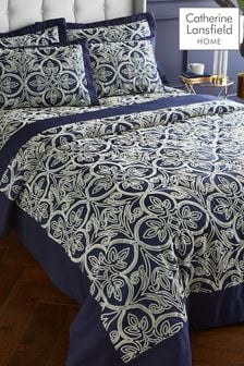 Catherine Lansfield Blue Navy Flock Trellis Quilted Bedspread