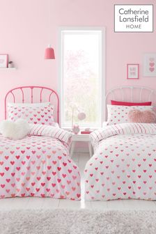 Catherine Lansfield Pink/White Twin Pack So Soft Hearts/Stripes Duvet Cover Set