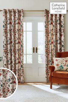 Catherine Lansfield Natural Pippa Floral Birds Lined Eyelet Curtains