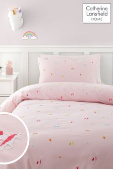 Catherine Lansfield Pink Embroidered Unicorn and Rainbows Duvet Cover Set