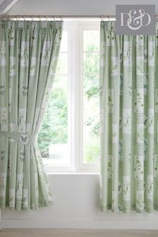 D&D Green Floral Garden Lined Pair of Pencil Pleat Curtains