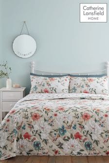 Catherine Lansfield Natural Pippa Floral Birds Reversible Quilted Bedspread