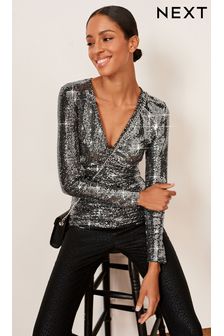 Silver Long Sleeve V-Neck Ruched Front Sequin Top (NT5826) | £38
