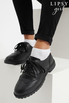 Lipsy Black PU Lace Up Chunky School Brogue Flat Shoe (P30202) | £25 - £31