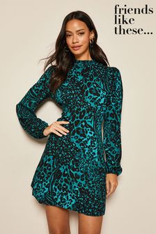 Friends Like These Green Animal Print Regular Long Sleeve Mini Dress (P32332) | £36