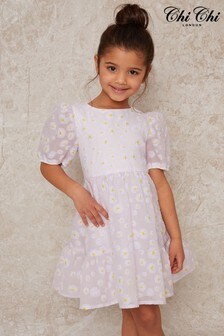 Chi Chi London Girls Puff Sleeve Tiered Midi Dress With Daisy Print In Purple