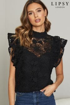 Womens Clothing Tops Short-sleeve tops Izabel London Lace Cap Sleeve Top in Black 