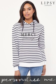 Personalised Lipsy Merci Beaucoup French Slogan Womens Striped Hooded Sweatshirt by Instajunction