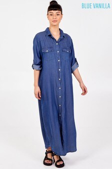 Blue Vanilla Button Throug Pocket Front Maxi Dress