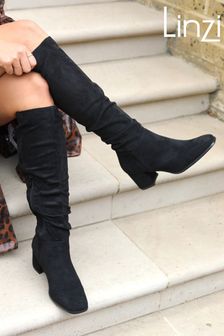 Linzi Black Zena Faux Suede Square Toe Block Heel Knee High Boot (P48341) | £55