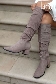 Linzi Brown Zena Faux Suede Square Toe Block Heel Knee High Boot (P48342) | £55
