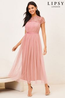 Women's Pink Lace Dresses | Pleated 