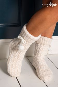 Pour Moi Cream Cosy Cable Lined Knit Slipper Sock (P51793) | £19