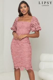 Lipsy Pink Regular Square Neck Puff Sleeve Midi Dress (P51824) | £80