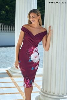 Sistaglam Burgundy Floral Bardot Midi Dress (P54856) | £65
