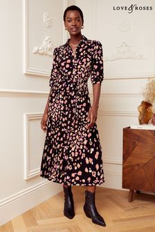 Love & Roses Black and Nude Regular Jersey 3/4 Sleeve Pleated Midi Shirt Dress (P55275) | £49