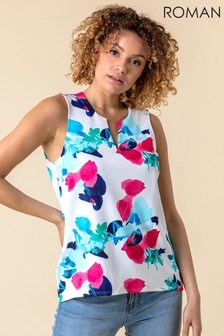 Roman Abstract Floral Print Notch Neck Top