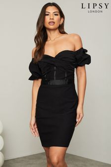 Lipsy Black Bardot Puff Sleeve Mini Dress