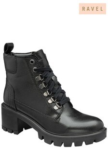 Ravel Black Leather Lace-Up Heeled Boots