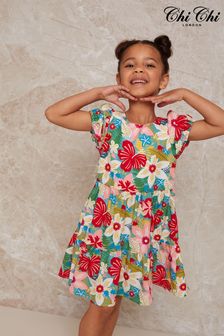 Chi Chi London Chi Chi London Girls Puff Sleeve Floral Print Tiered Summer Dress in Multi