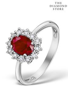 The Diamond Store Red Ruby Ring With Lab Diamond Halo 7 x 5mm Set in 925 Silver (P61111) | £249