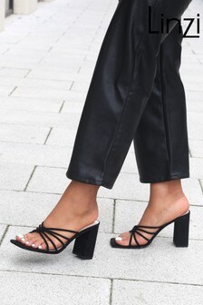 Linzi Monika Black Suede Square Toe Block Heeled Mules With Strappy Detail