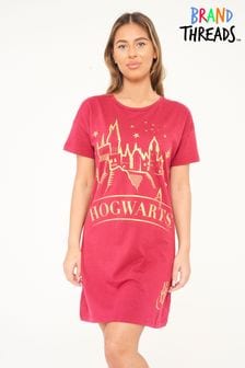 Brand Threads Ladies Official Harry Potter Hogwarts BCI Cotton Red Nightdress Sizes XS-XL