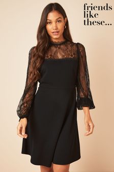 Friends Like These Black Regular Lace Yoke Mini Long Sleeve Dress (P70639) | £39
