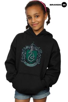 Harry Potter Distressed Slytherin Crest Girls Black Hoodie by Brands In