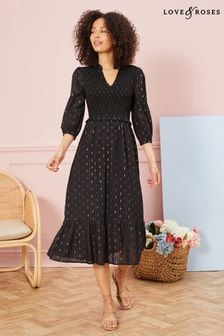 Love & Roses Black and Gold Spot Shirred Cotton Midi Dress (P80774) | £50